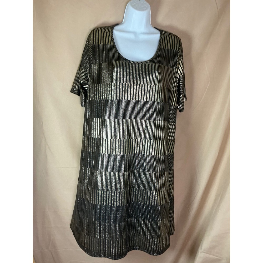Espresso Shift Dress Women 2X Black Gold Excellent Metallic Striped Short Sleeve